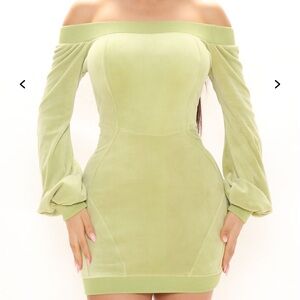 Fashion Nova Lime Green Off-Shoulder Bishop Sleeve Bodycon Dress at
